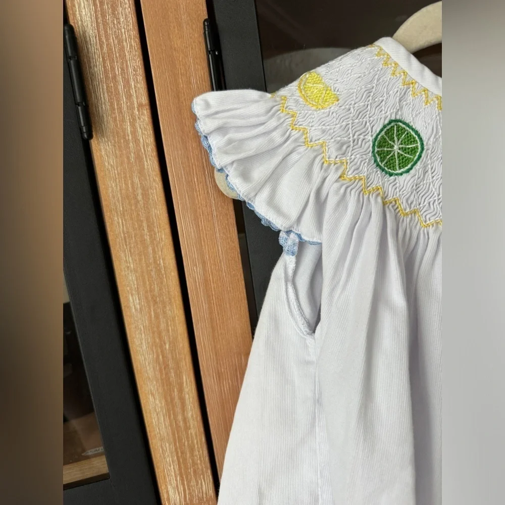 Smockingbird lemons smocked dress top embroidered ruffles toddler girl limes